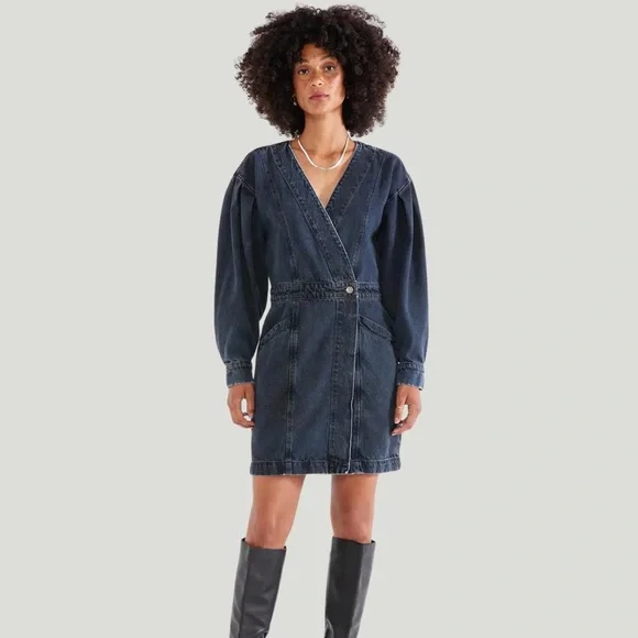 Etica Mira Denim Wrap Dress - Black Lava - Black - Xs Etica Mira Denim Wrap Dress - Black Lava - Black - Xs